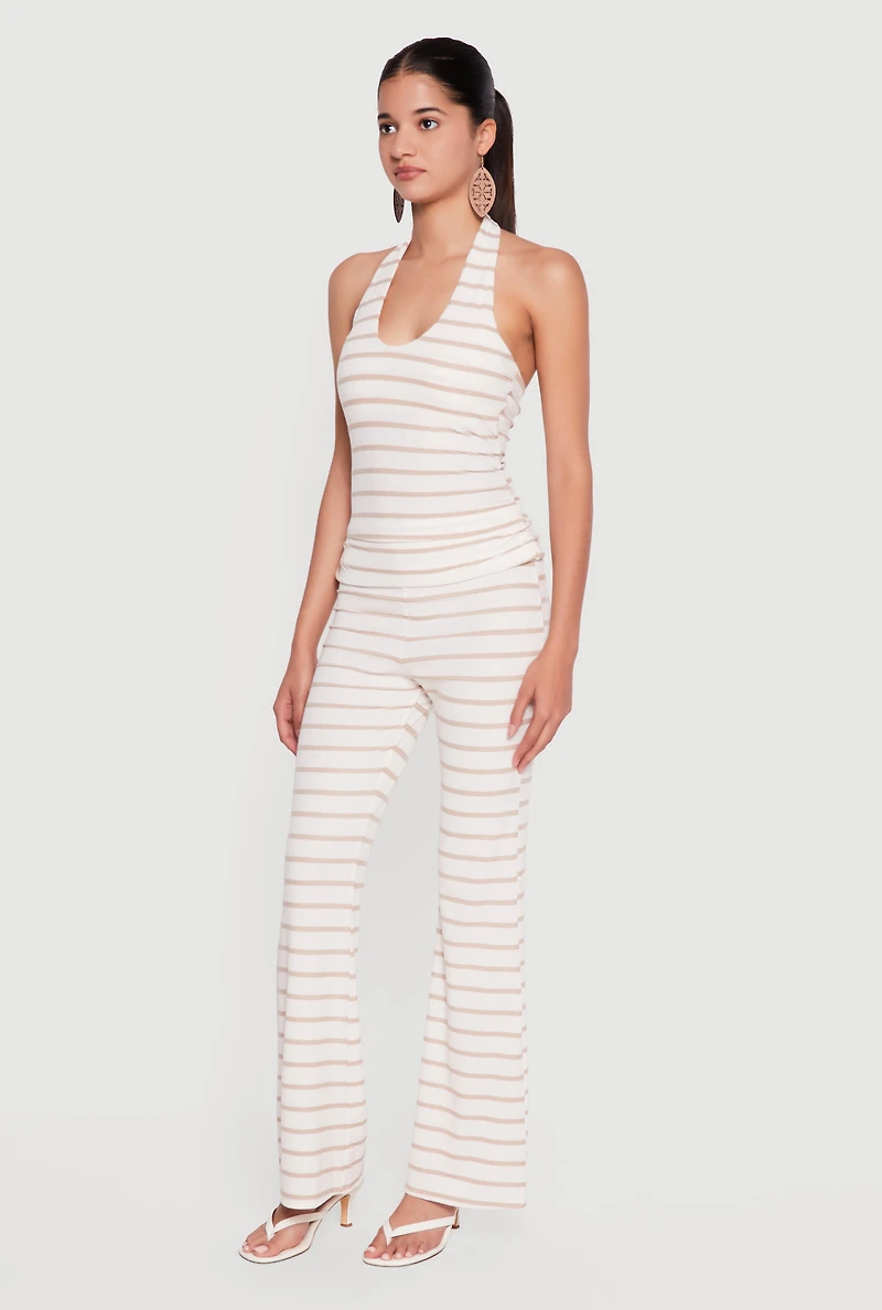 Striped Side Ruched Fold Over Waist Flare Leg Pants