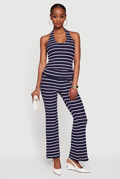 Striped Side Ruched Fold Over Waist Flare Leg Pants