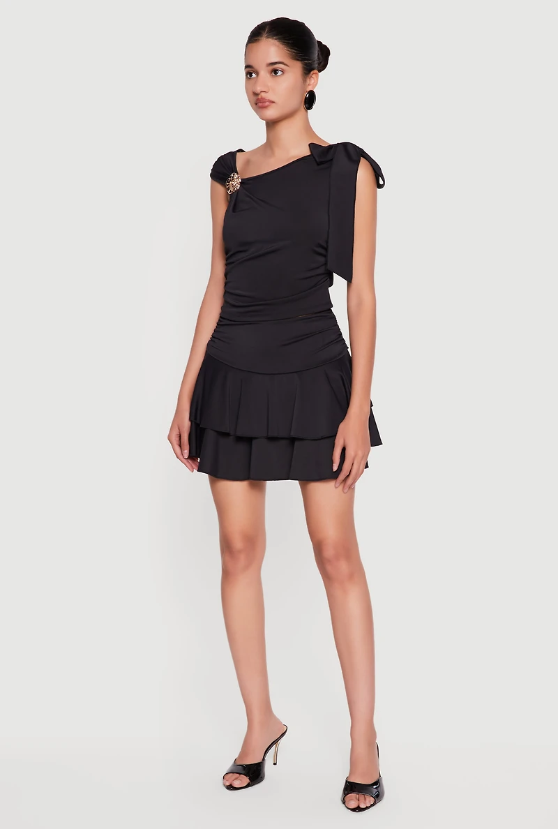 Side Ruched Drop Waist Ruffle Tiered Skirt