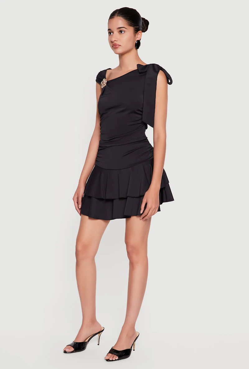 Metallic Floral Detail Side Ruched Asymmetrical Neck Blouse