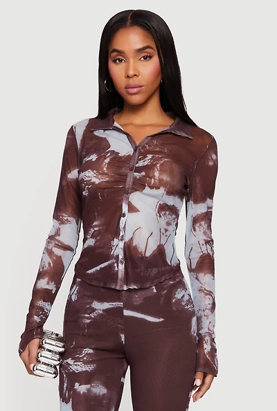 Patterned Mesh Long Sleeve Button Front Shirt