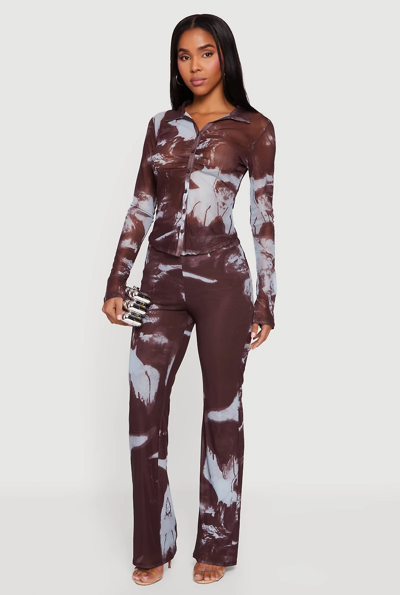 Womens Patterned Mesh Long Sleeve Button Front Shirt,