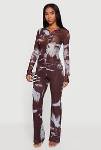 Womens Patterned Mesh Long Sleeve Button Front Shirt,