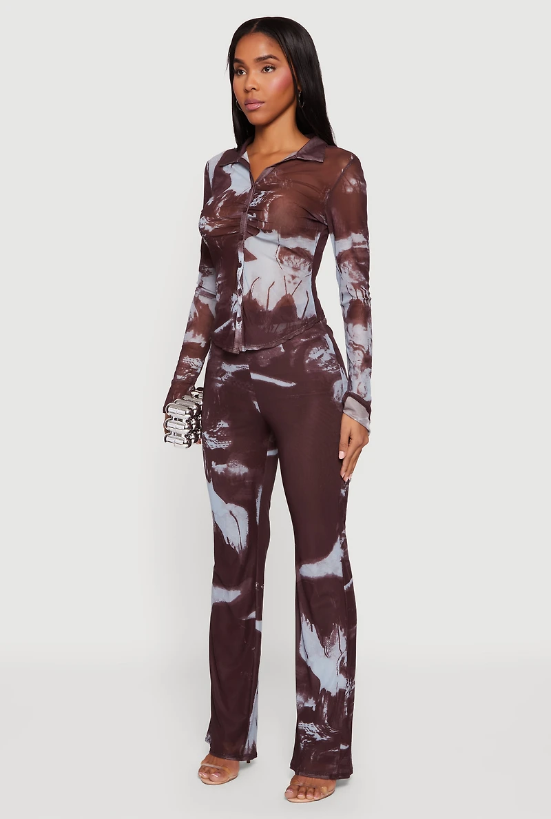 Womens Patterned Mesh Long Sleeve Button Front Shirt,