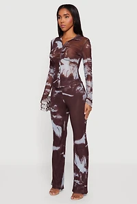 Womens Patterned Mesh Long Sleeve Button Front Shirt,