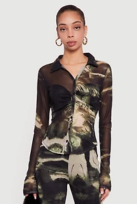 Patterned Mesh Long Sleeve Button Front Shirt