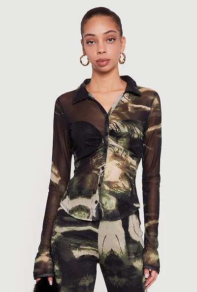 Patterned Mesh Long Sleeve Button Front Shirt