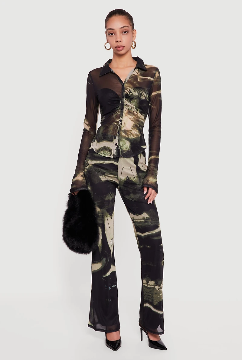 Patterned Mesh Long Sleeve Button Front Shirt