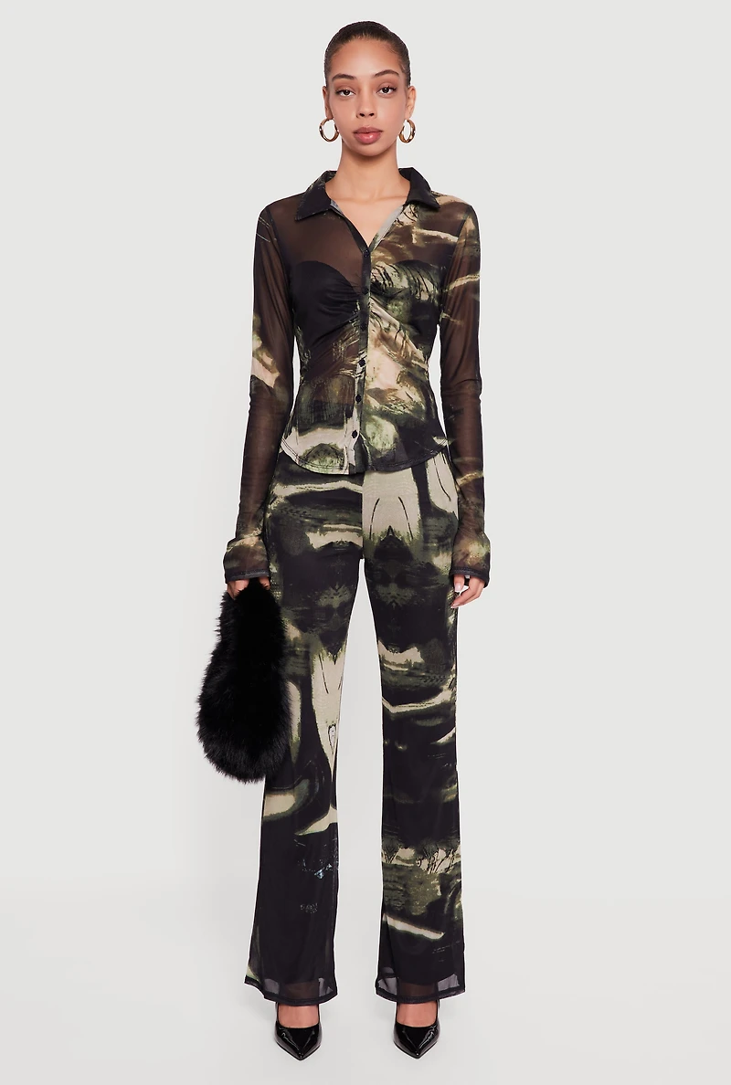 Patterned Mesh Long Sleeve Button Front Shirt