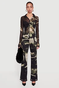 Patterned Mesh Long Sleeve Button Front Shirt