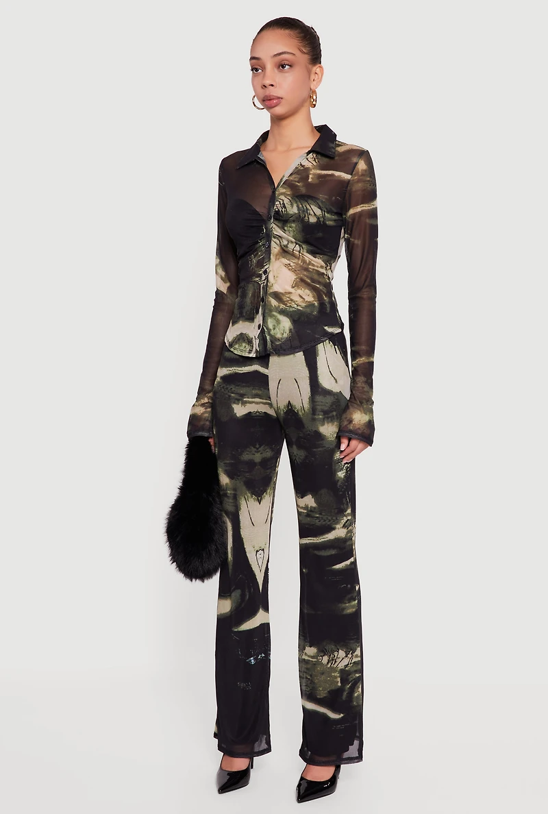 Patterned Mesh Long Sleeve Button Front Shirt