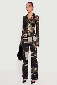 Patterned Mesh Long Sleeve Button Front Shirt