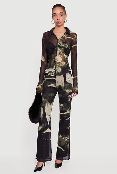 Patterned Mesh Pull On Straight Leg Pants