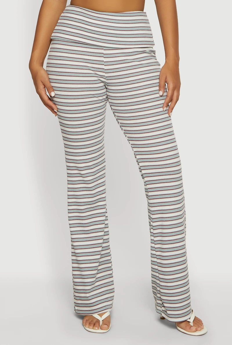 Striped Fold Over Waist Textured Knit Pants
