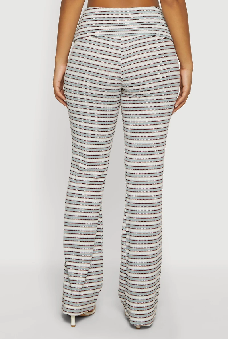 Striped Fold Over Waist Textured Knit Pants
