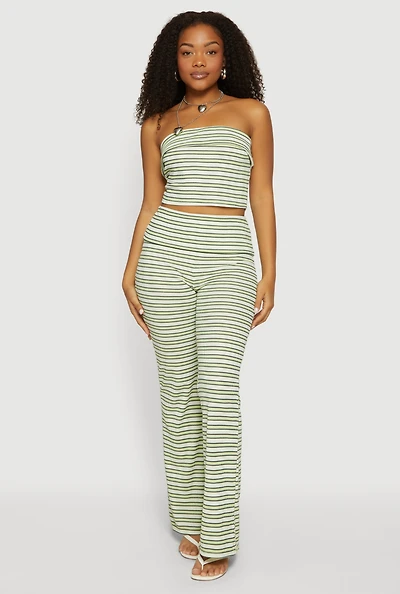 Striped Fold Over Waist Textured Knit Pants