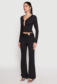 Womens Textured Knit O Ring Keyhole Crop Top, Black, Size S