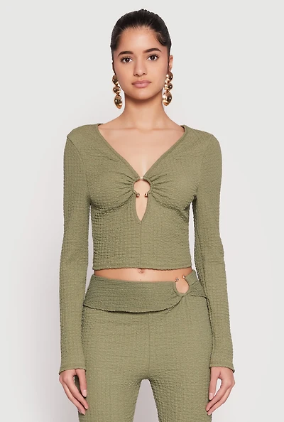 Womens Textured Knit O Ring Keyhole Crop Top, Green, Size L