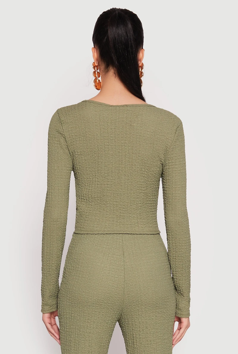Womens Textured Knit O Ring Keyhole Crop Top, Green, Size M