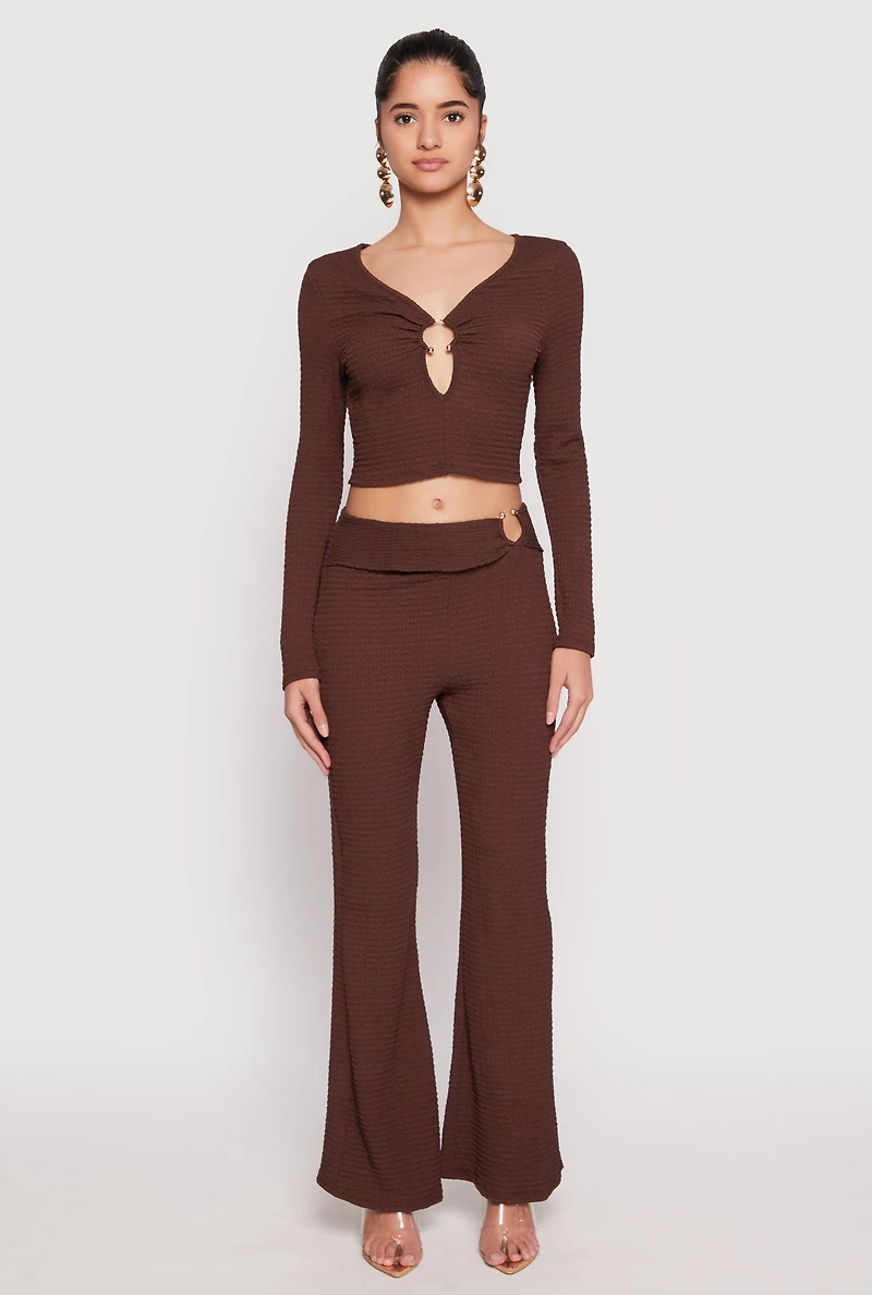 Womens Textured Knit O Ring Waist Flare Pants,