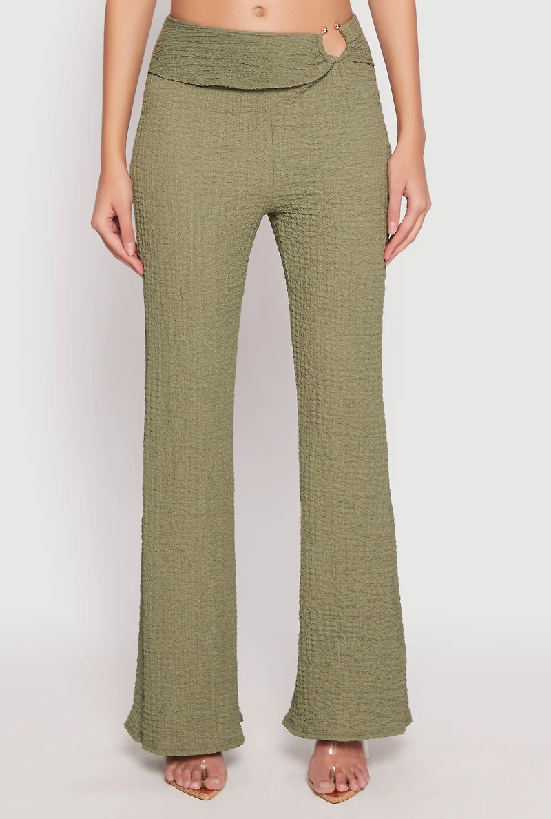 Womens Textured Knit O Ring Waist Flare Pants, Green, Size XL
