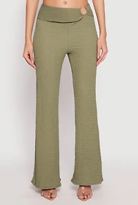 Womens Textured Knit O Ring Waist Flare Pants, Green, Size XL