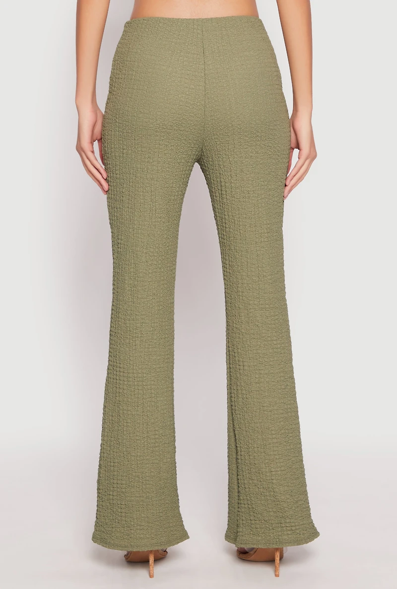 Womens Textured Knit O Ring Waist Flare Pants, Green, Size XL