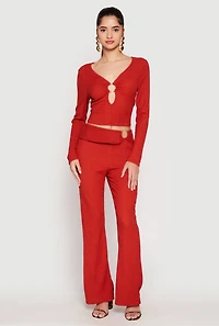 Womens Textured Knit O Ring Waist Flare Pants, Red, Size M