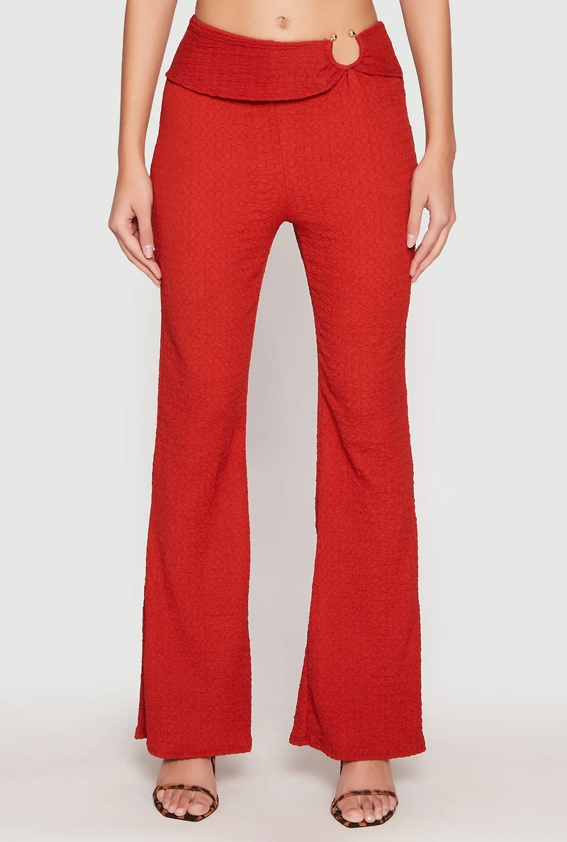 Womens Textured Knit O Ring Waist Flare Pants, Red, Size M