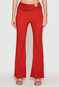 Womens Textured Knit O Ring Waist Flare Pants, Red, Size M