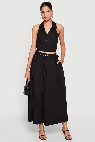 Pleated High Waisted Belted Maxi Skirt With Pockets