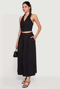 Pleated High Waisted Belted Maxi Skirt With Pockets