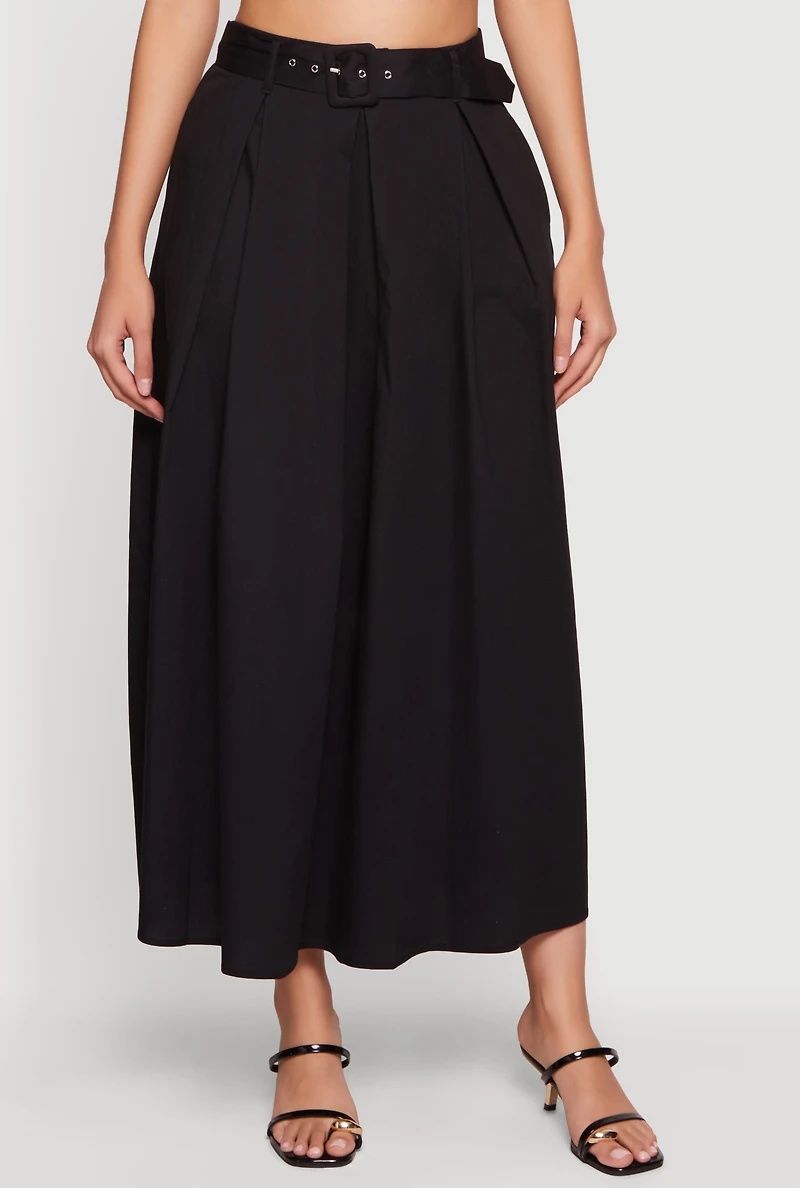 Pleated High Waisted Belted Maxi Skirt With Pockets