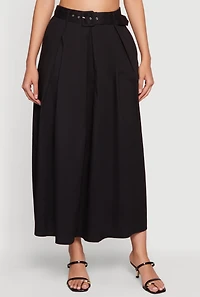 Pleated High Waisted Belted Maxi Skirt With Pockets