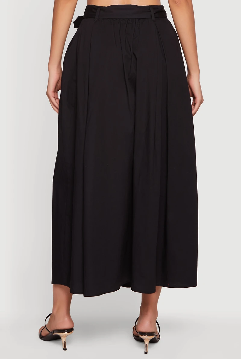 Pleated High Waisted Belted Maxi Skirt With Pockets