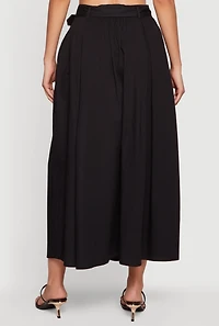 Pleated High Waisted Belted Maxi Skirt With Pockets
