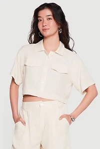 Linen Button Front Cropped Shirt