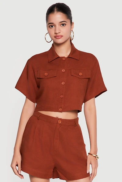 Linen Button Front Cropped Shirt
