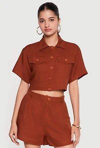 Linen Button Front Cropped Shirt