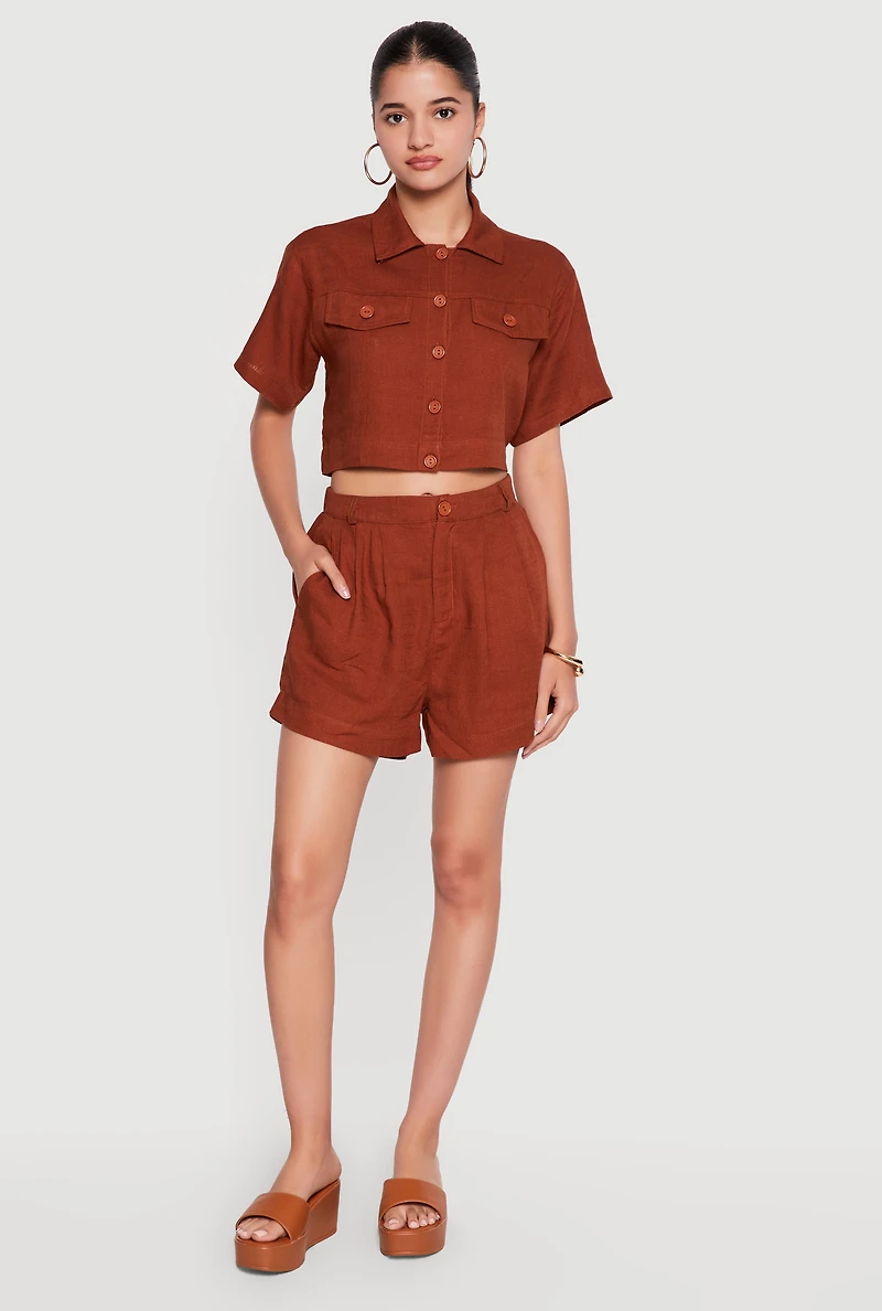 Linen Button Front Cropped Shirt