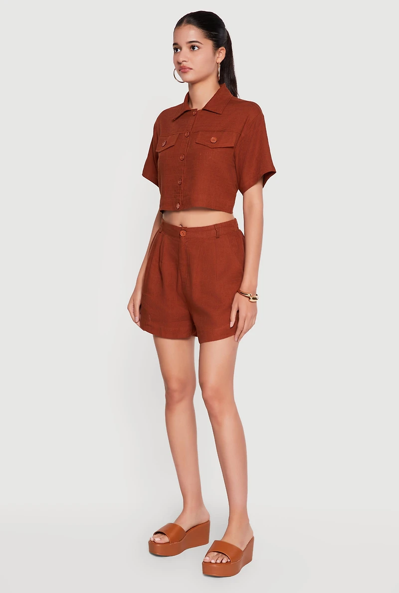 Linen Button Front Cropped Shirt
