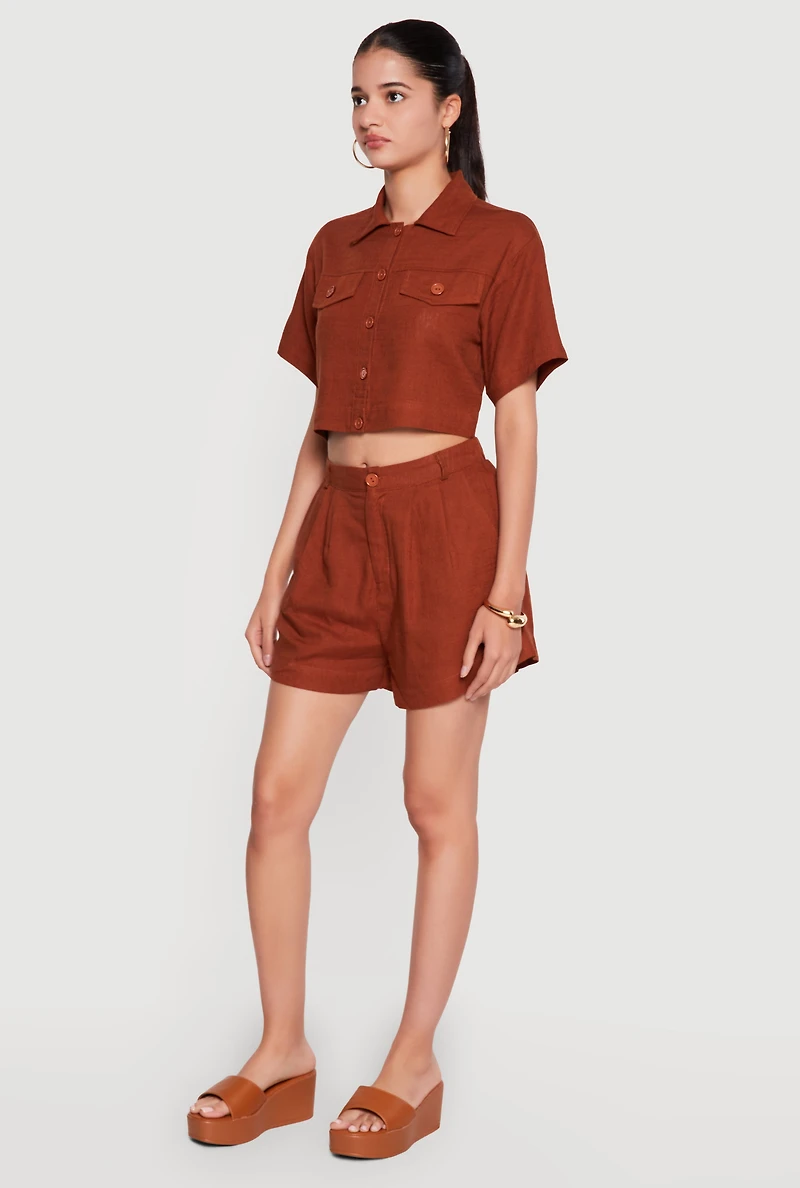 Linen High Waisted Shorts with Elastic Back