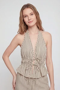 Pinstripe Tie Front Smocked Detail Halter Top