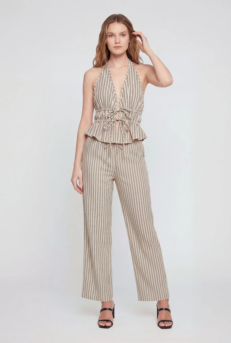 Pinstripe Tie Front Smocked Detail Halter Top