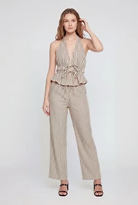 Pinstripe Tie Front Smocked Detail Halter Top