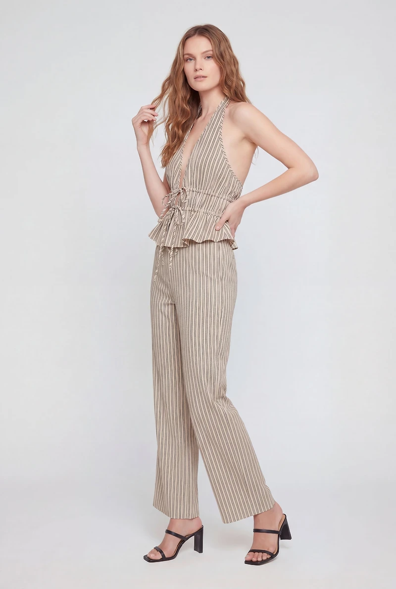 Pinstripe Tie Front Smocked Detail Halter Top