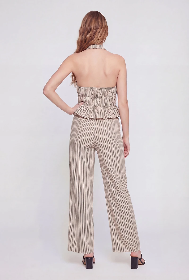 Pinstripe Tie Front Smocked Detail Halter Top