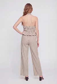 Pinstripe Tie Front Smocked Detail Halter Top