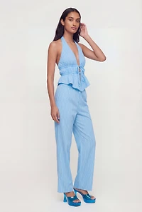Pinstripe Tie Front Smocked Detail Halter Top