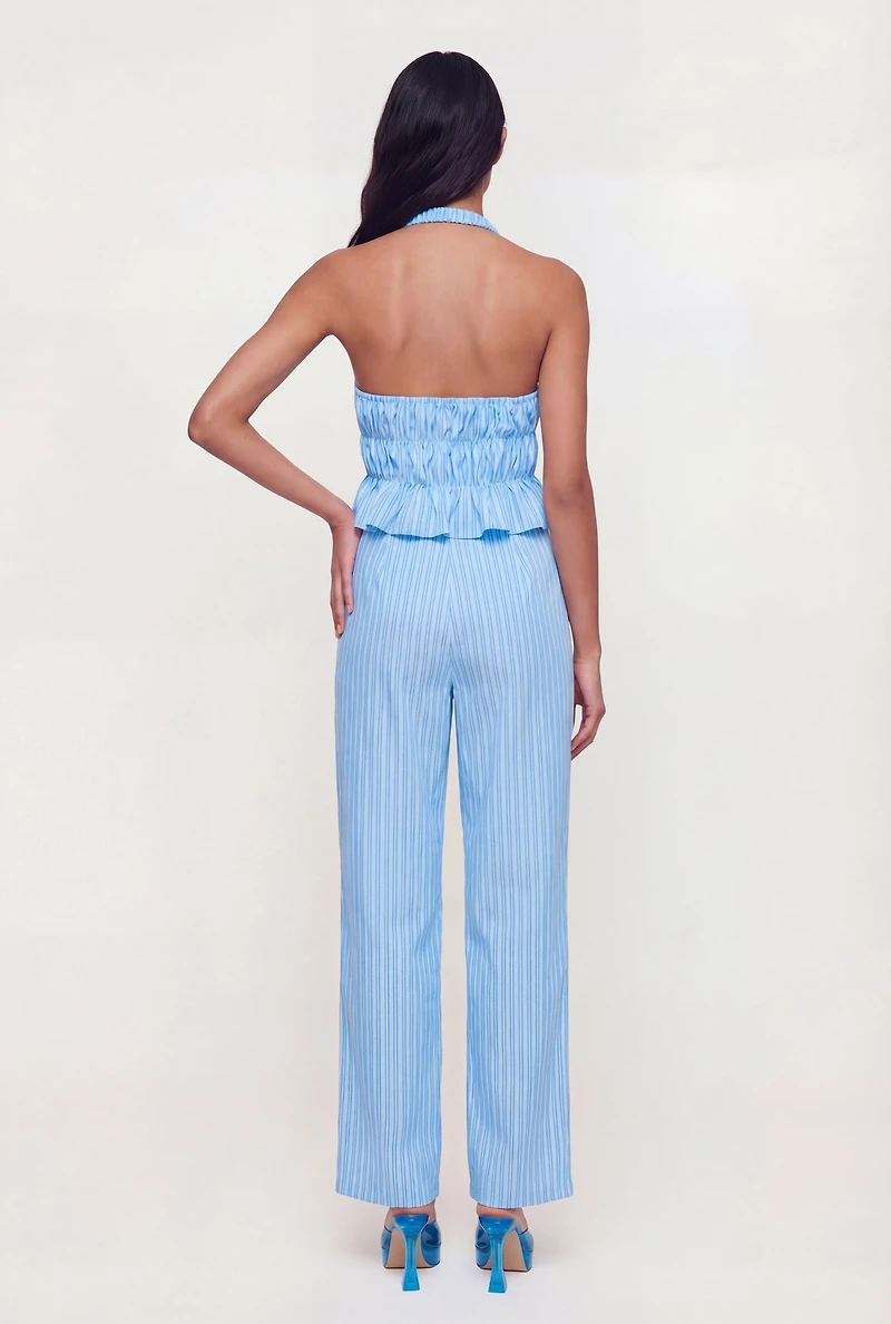 Pinstripe Tie Front Smocked Detail Halter Top